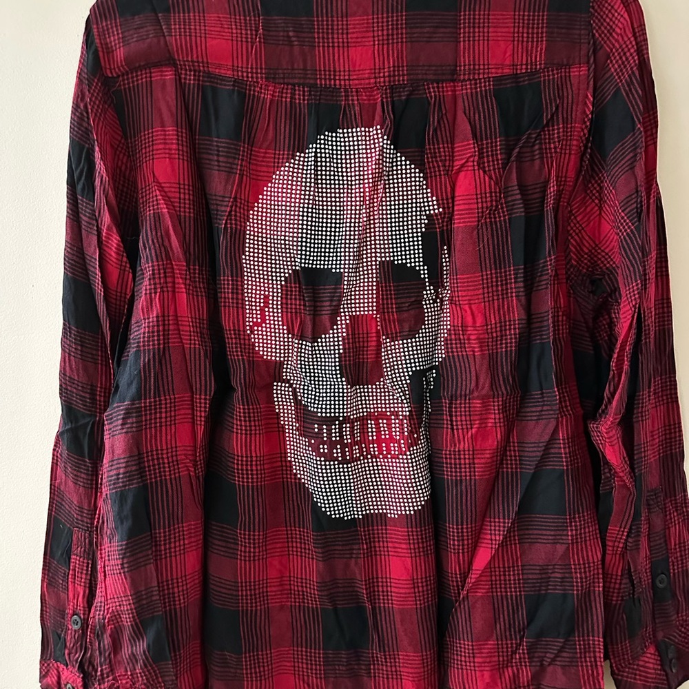 Torrid Red and Black Plaid Skull Button Down Shirt